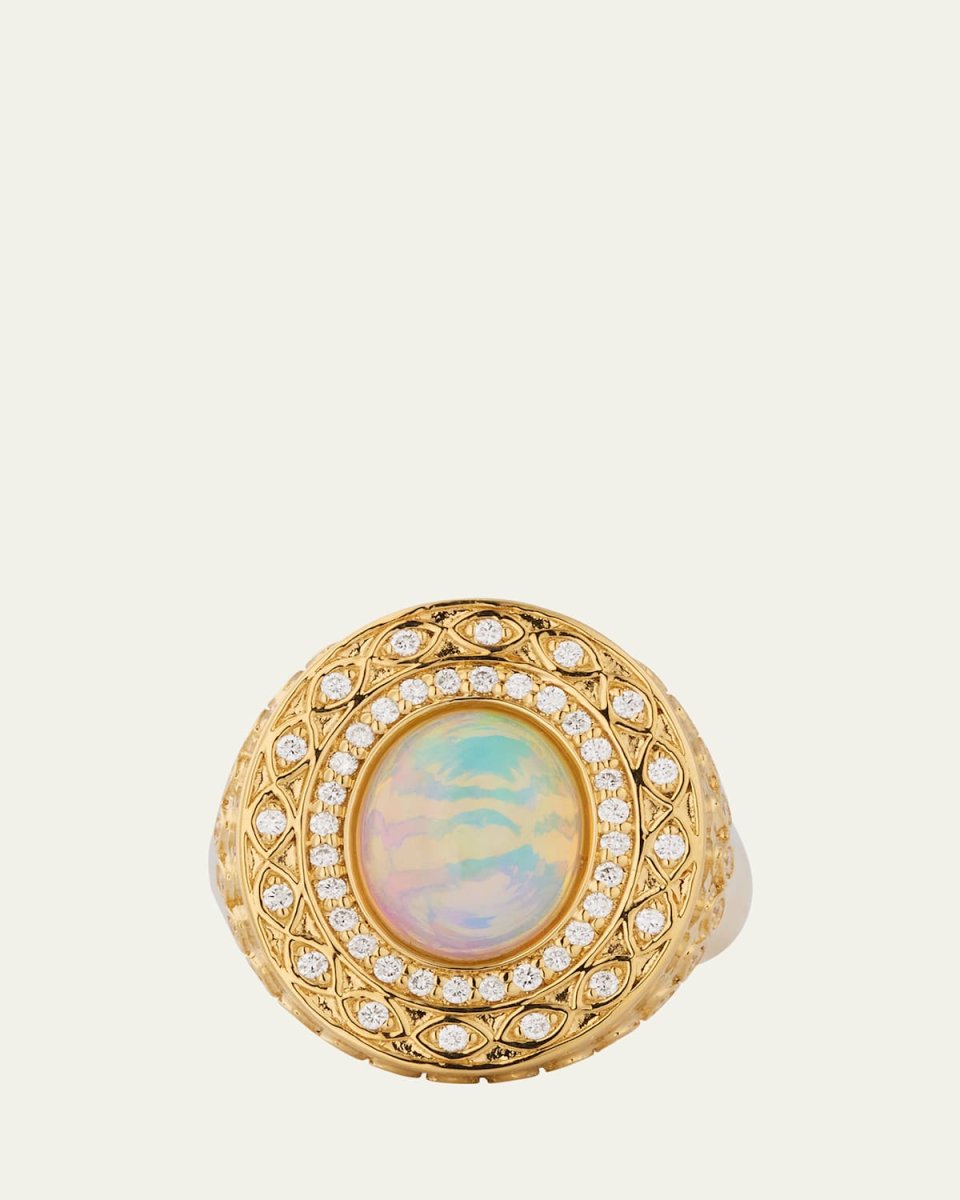14K Yellow Gold Marquise Eye Opal Cabochon Signet Ring with Diamonds